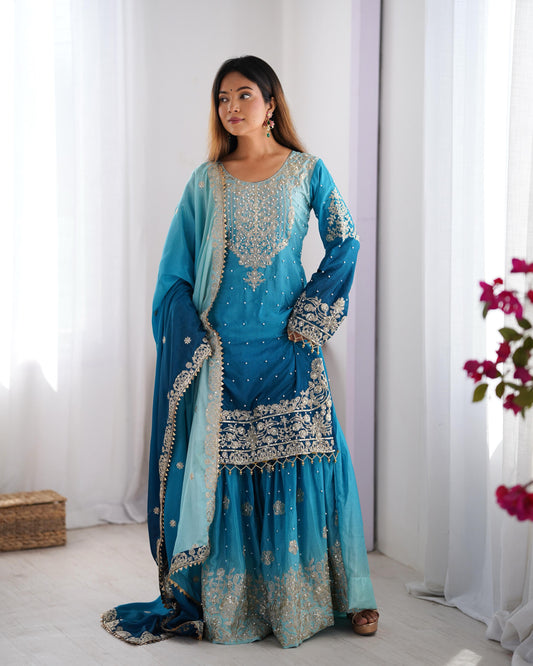 Good Looking Chinon Silk Rivet Moti Teal Blue Color Sharara Suit