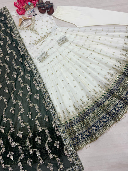 Glorious Georgette White Color Gown With Green Dupatta