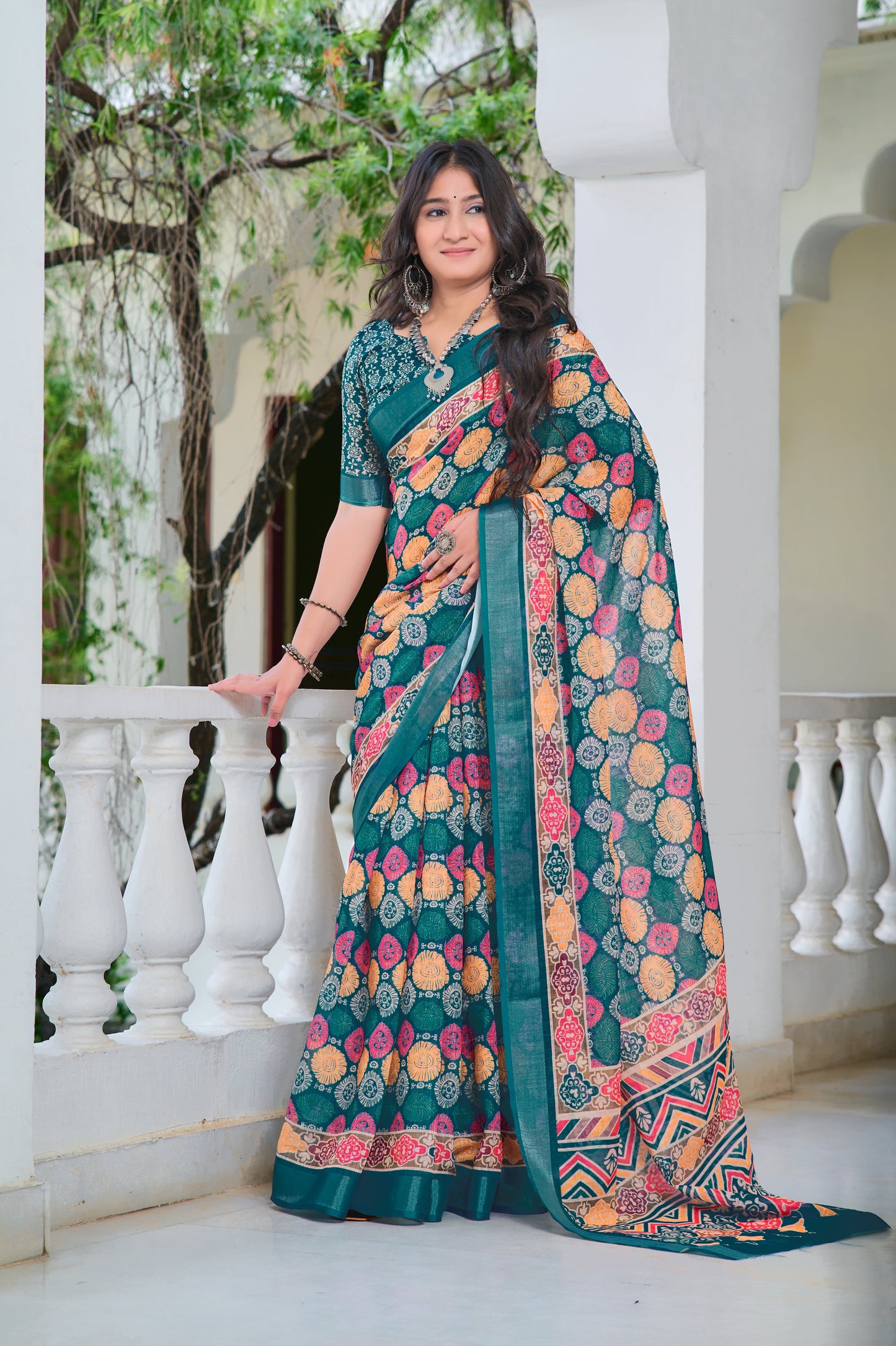 Imposing Teal Blue Color Color Pure Cotton Lilen With Digital Printed Designer Saree