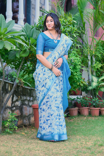 Peaceful Sky Blue Color Color Pure Cotton Lilen With Digital Printed Designer Saree