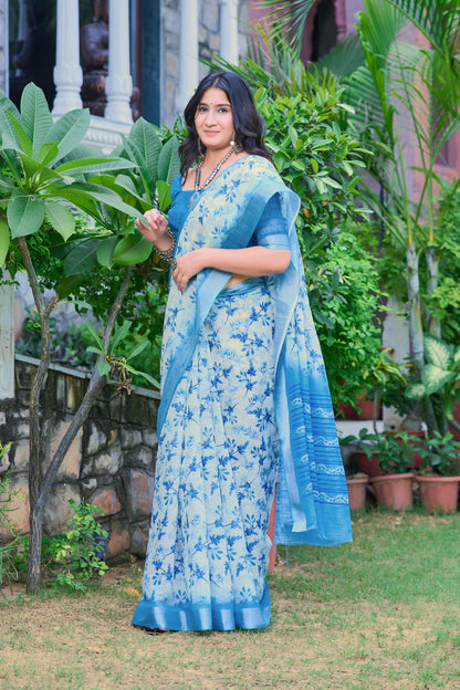 Peaceful Sky Blue Color Color Pure Cotton Lilen With Digital Printed Designer Saree