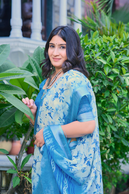 Peaceful Sky Blue Color Color Pure Cotton Lilen With Digital Printed Designer Saree