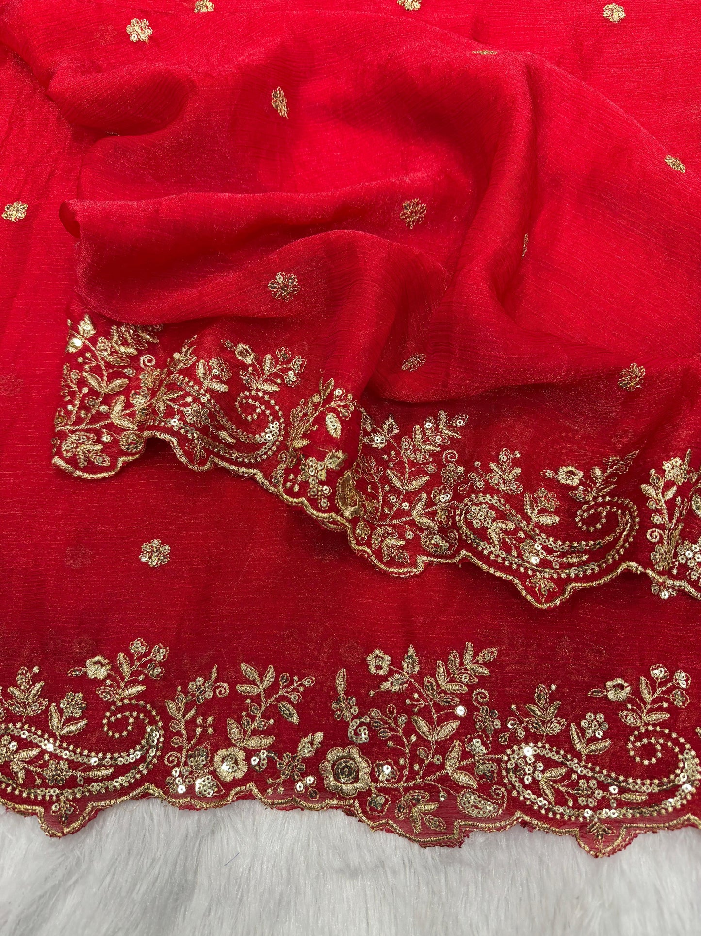 Lovely Red Chiffon Zari Work Saree