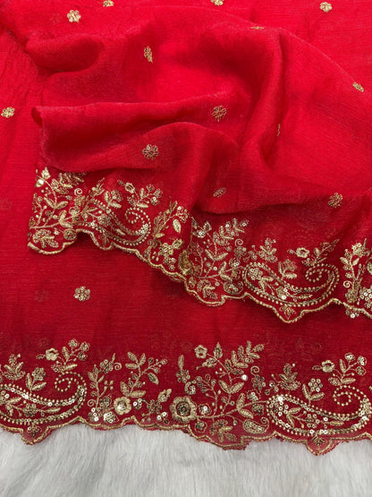 Lovely Red Chiffon Zari Work Saree