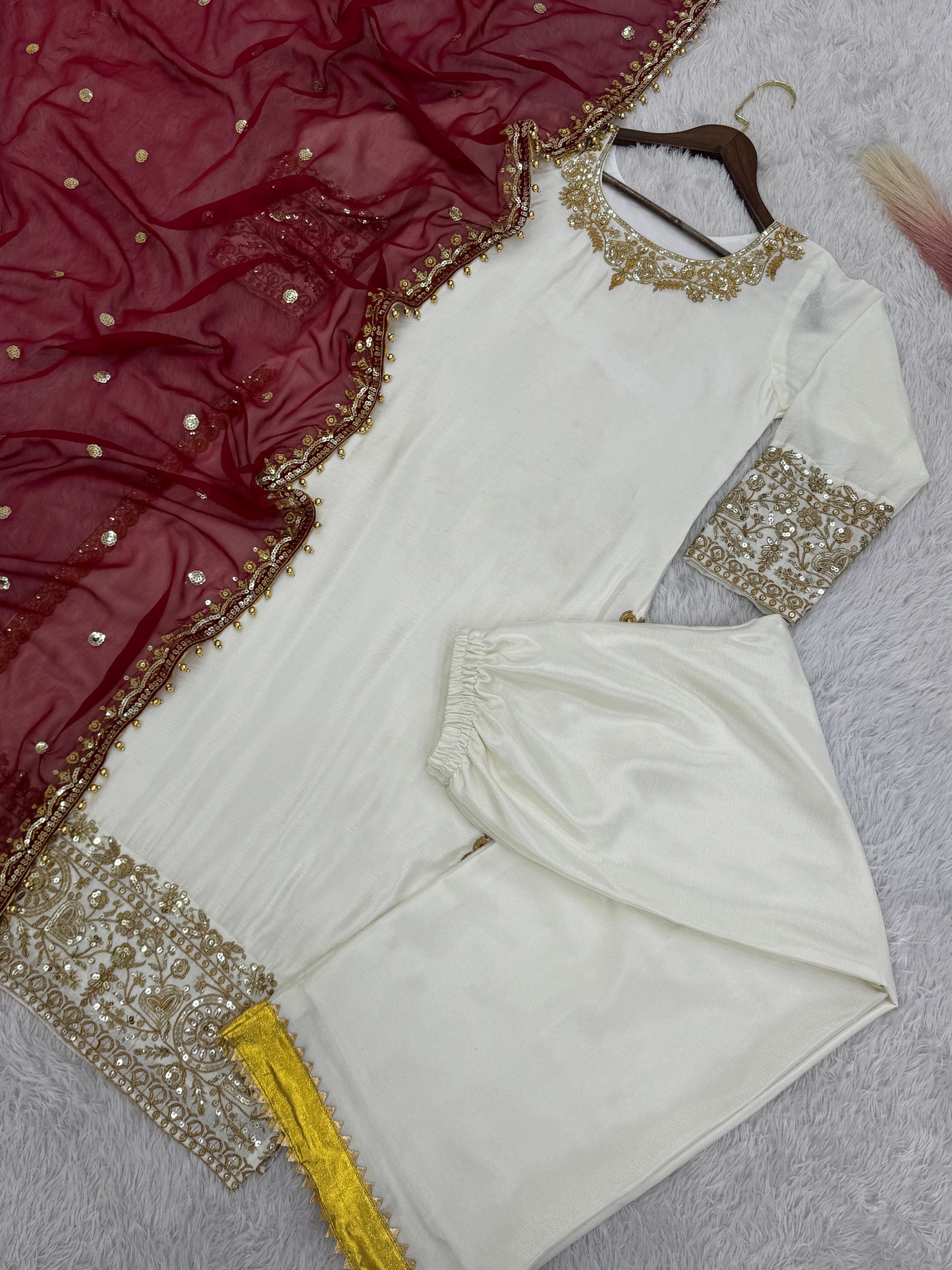 Good Looking Sequin Work White Color Top Palazzo With Dupatta
