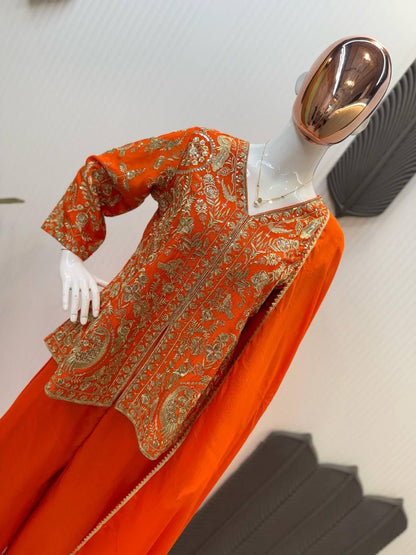 Designer Chinon Embroidery Work Orange Color Sharara Suit