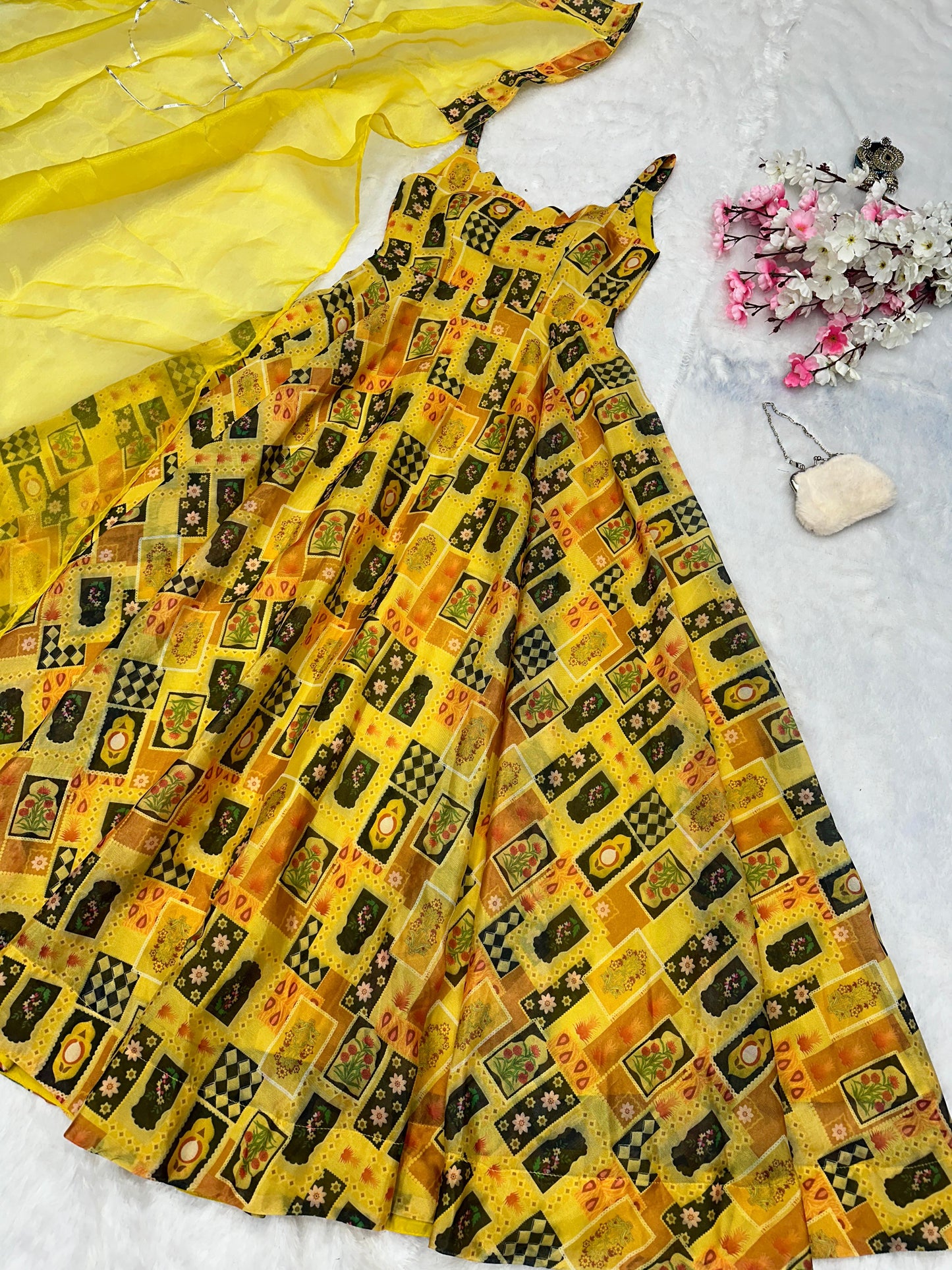 Beautiful Organza Silk Digital Print Yellow Color Anarkali Gown