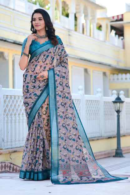 Terrific Teal And Grey Color Pure Cotton Lilen With Digital Printed Designer Saree