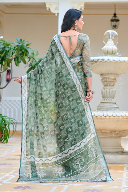 Glossy Green Color Pure Cotton Lilen With Digital Printed Designer Saree