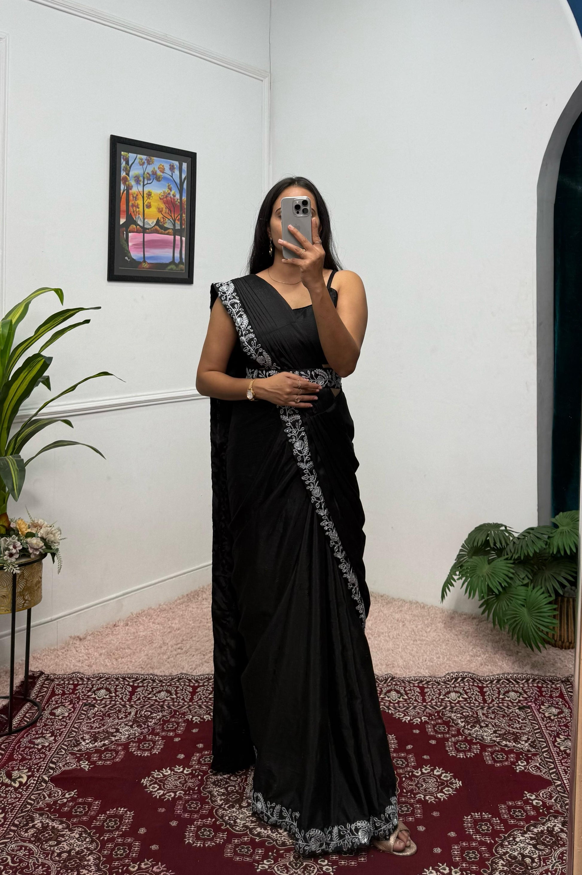 Designer Black Color Embroidery Work Saree With Koti