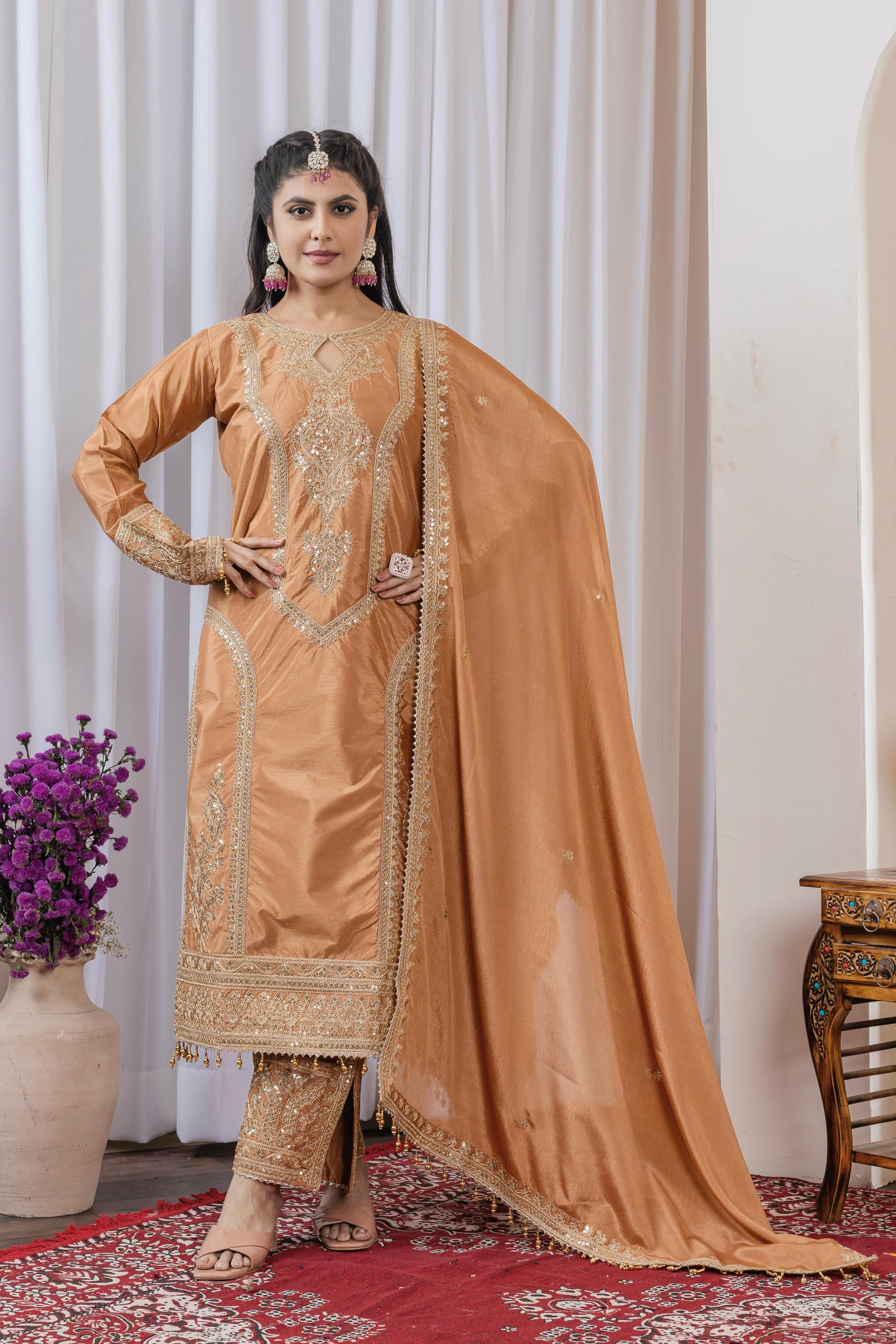 Imposing Chinon Silk Beige Color Top With Plazzo