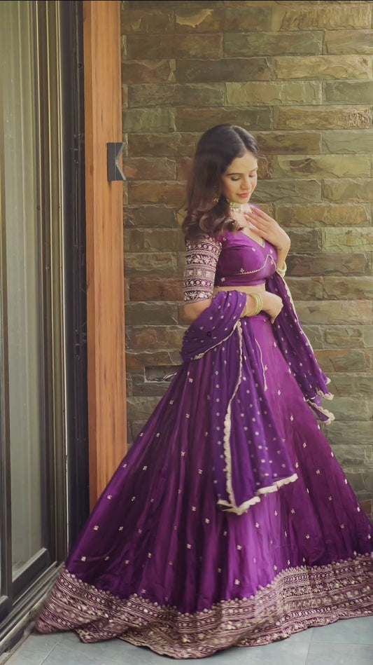 Satin Silk Sequence Work Purple Color Lehenga Choli