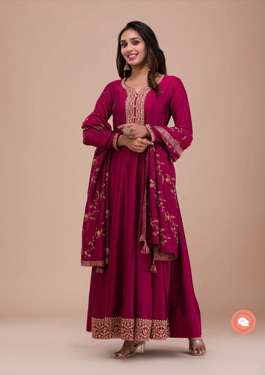 Fashionable Satin Silk Embrodery Work Pink Color Gown