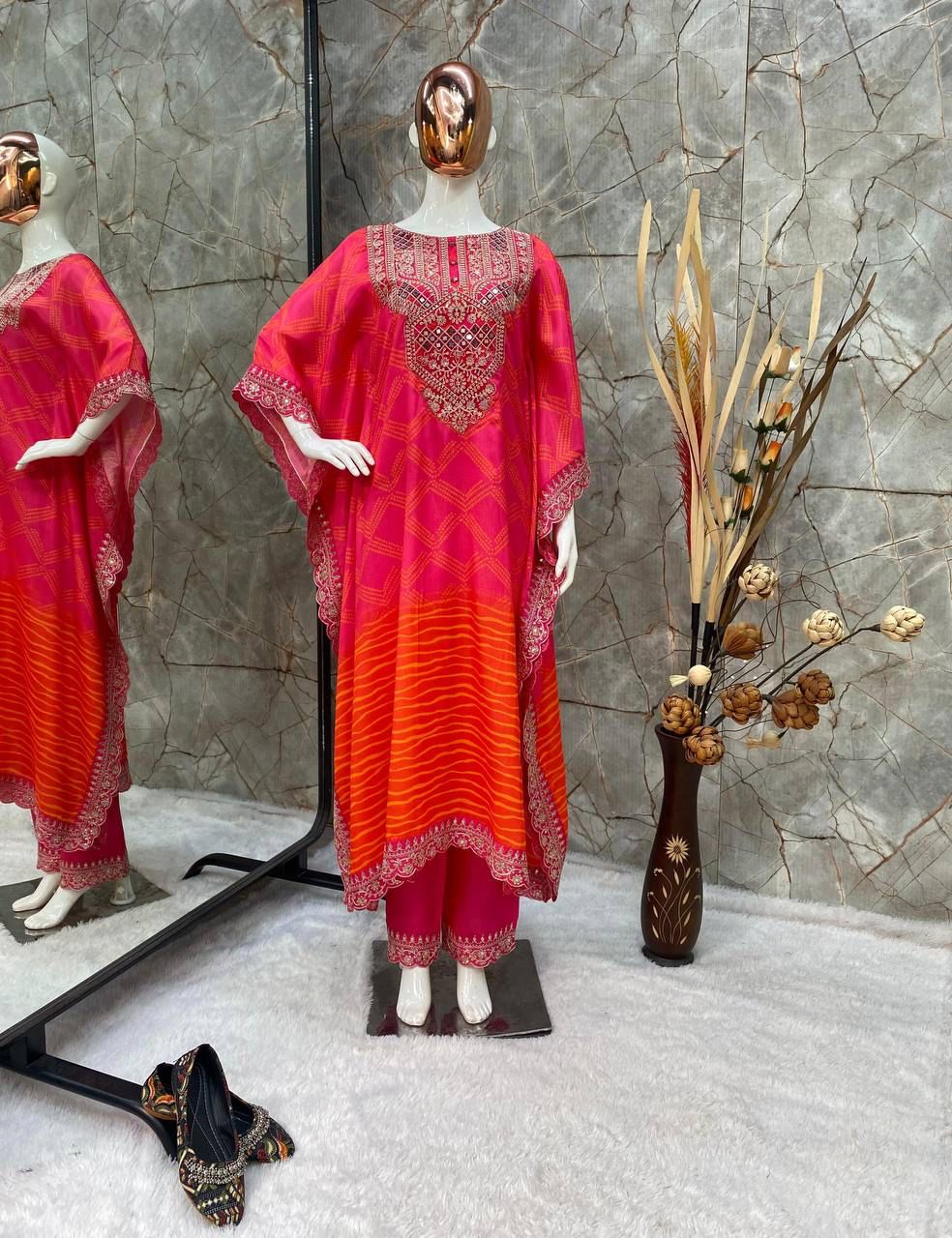 Blissful Chinon Embroidered Work Pink & Orange Color Kaftan Suit