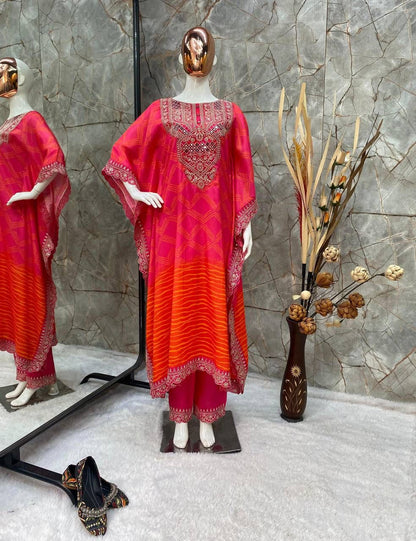 Blissful Chinon Embroidered Work Pink & Orange Color Kaftan Suit