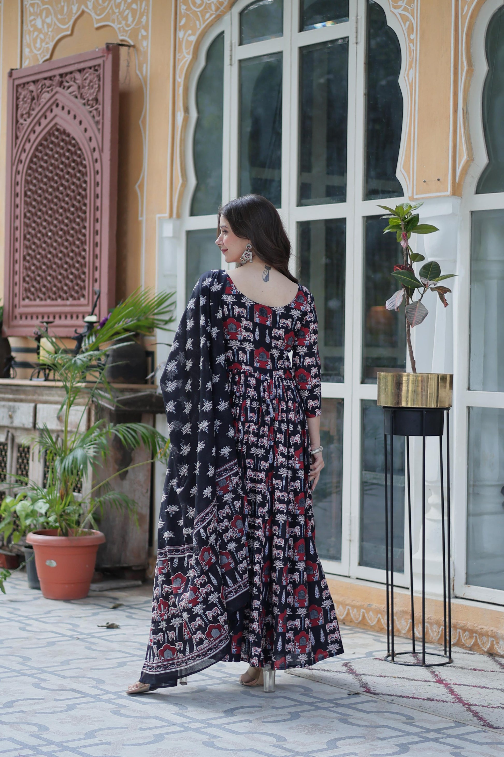Fancy Cotton Round Neck Black Color Gown