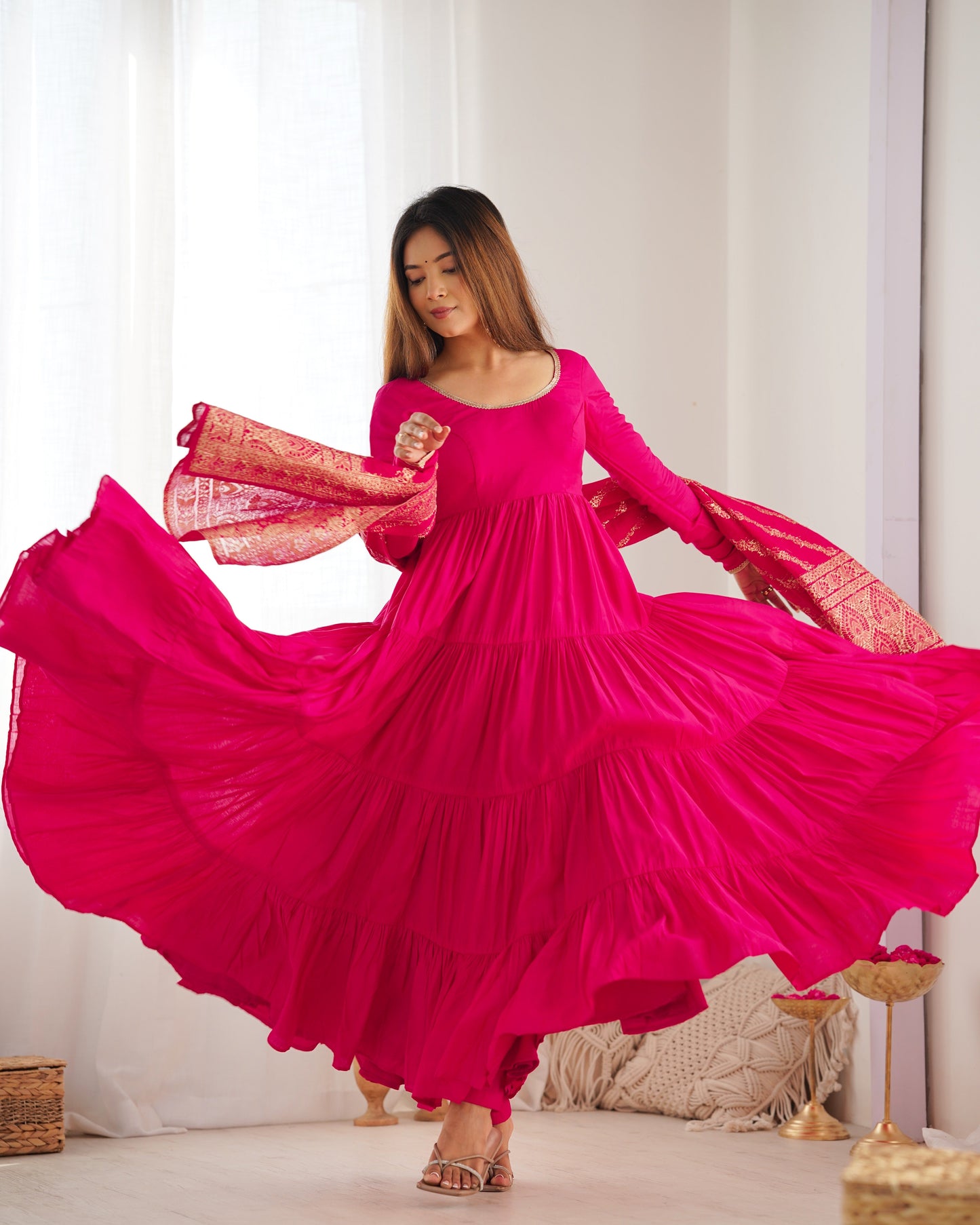 Elegant Pink Color Pure Roman Silk Chanderi Fabric Fully Flair Anarkali Gown With Dupatta