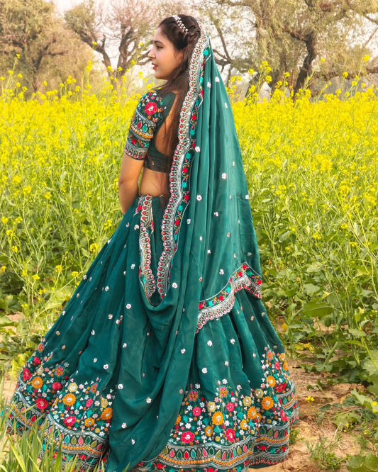 Multi Thread Work Georgette Green Color Lehenga Choli