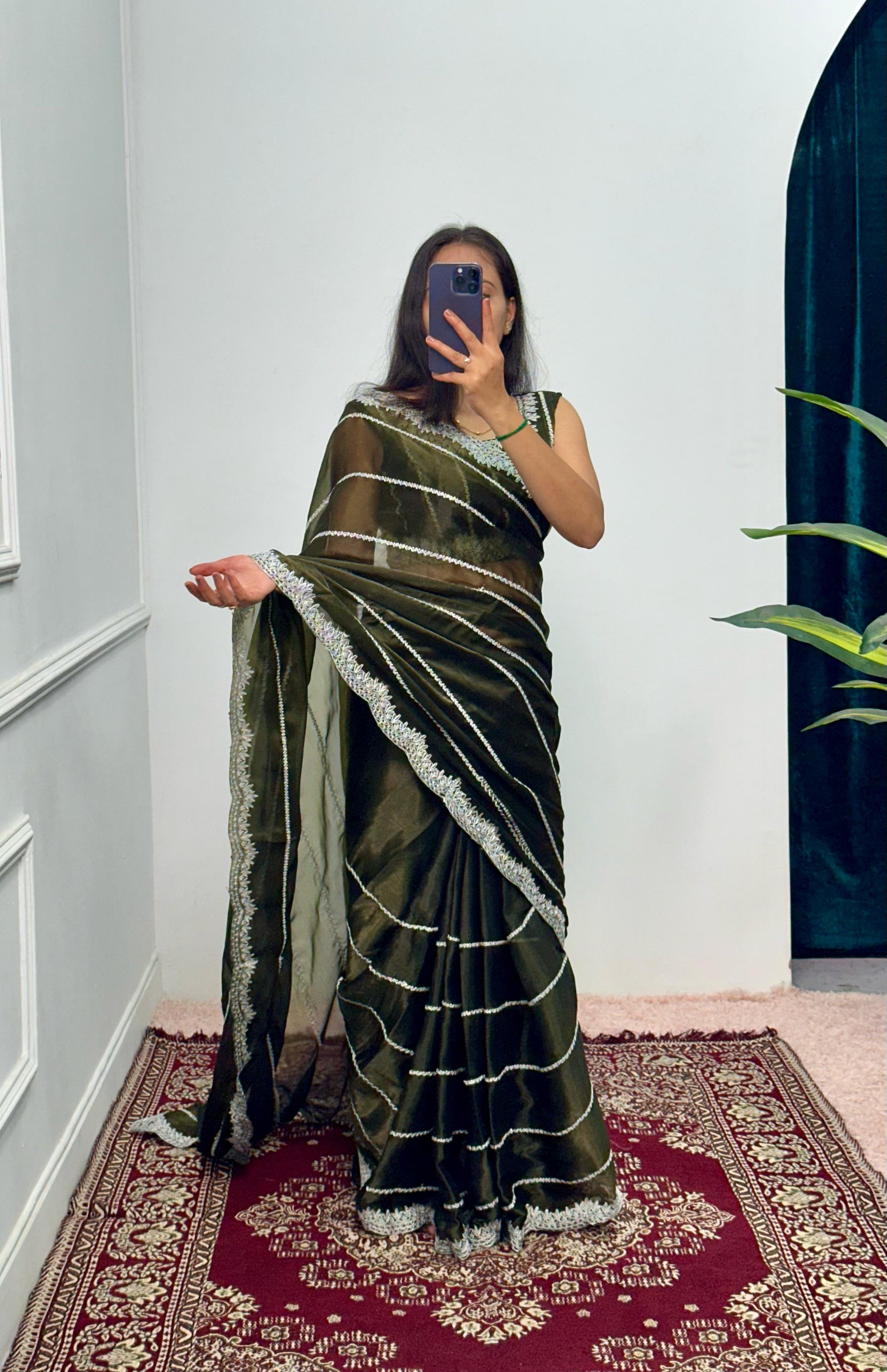 Peaceful Embroidery Zari Work Mehndi Color Saree