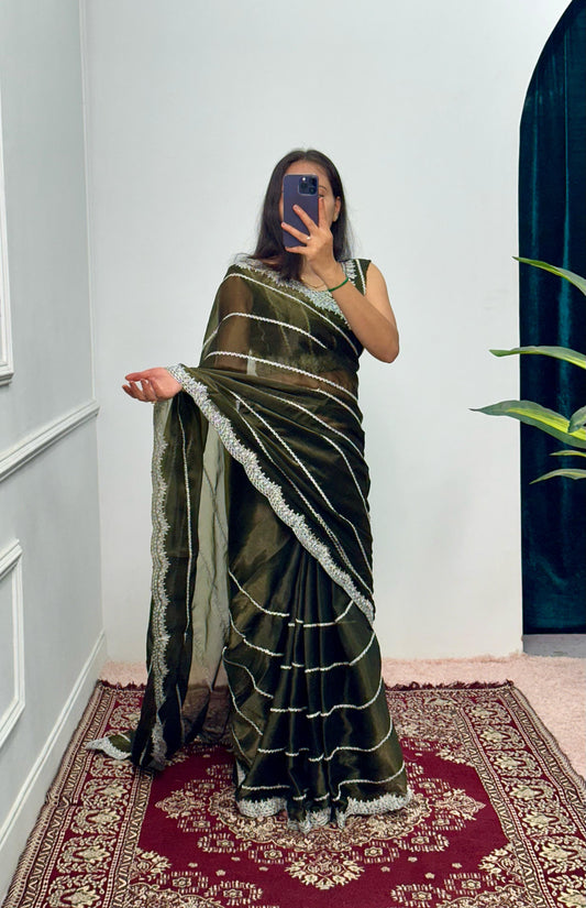 Peaceful Embroidery Zari Work Mehndi Color Saree