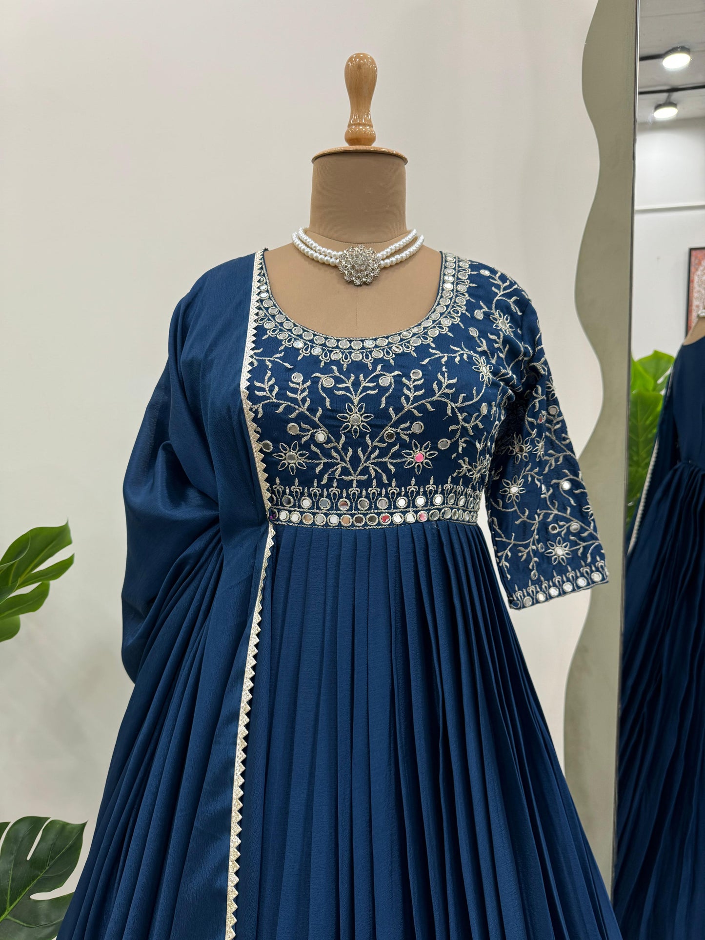 Awesome Real Mirror Work Navy Blue Color Gown