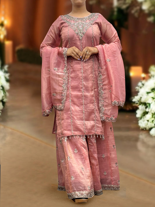 Designer Crush Silk Pink Color Palazzo Suit