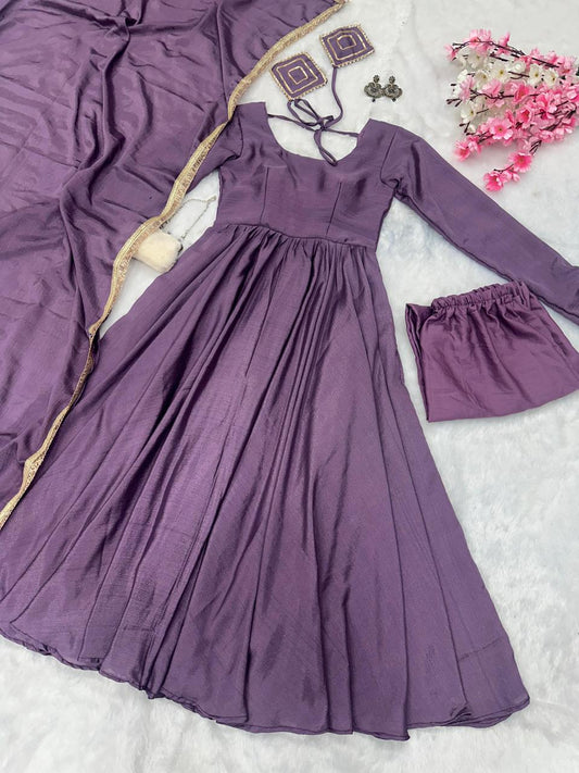 Peaceful Lavender Color Chinnon Silk Anarkali Gown