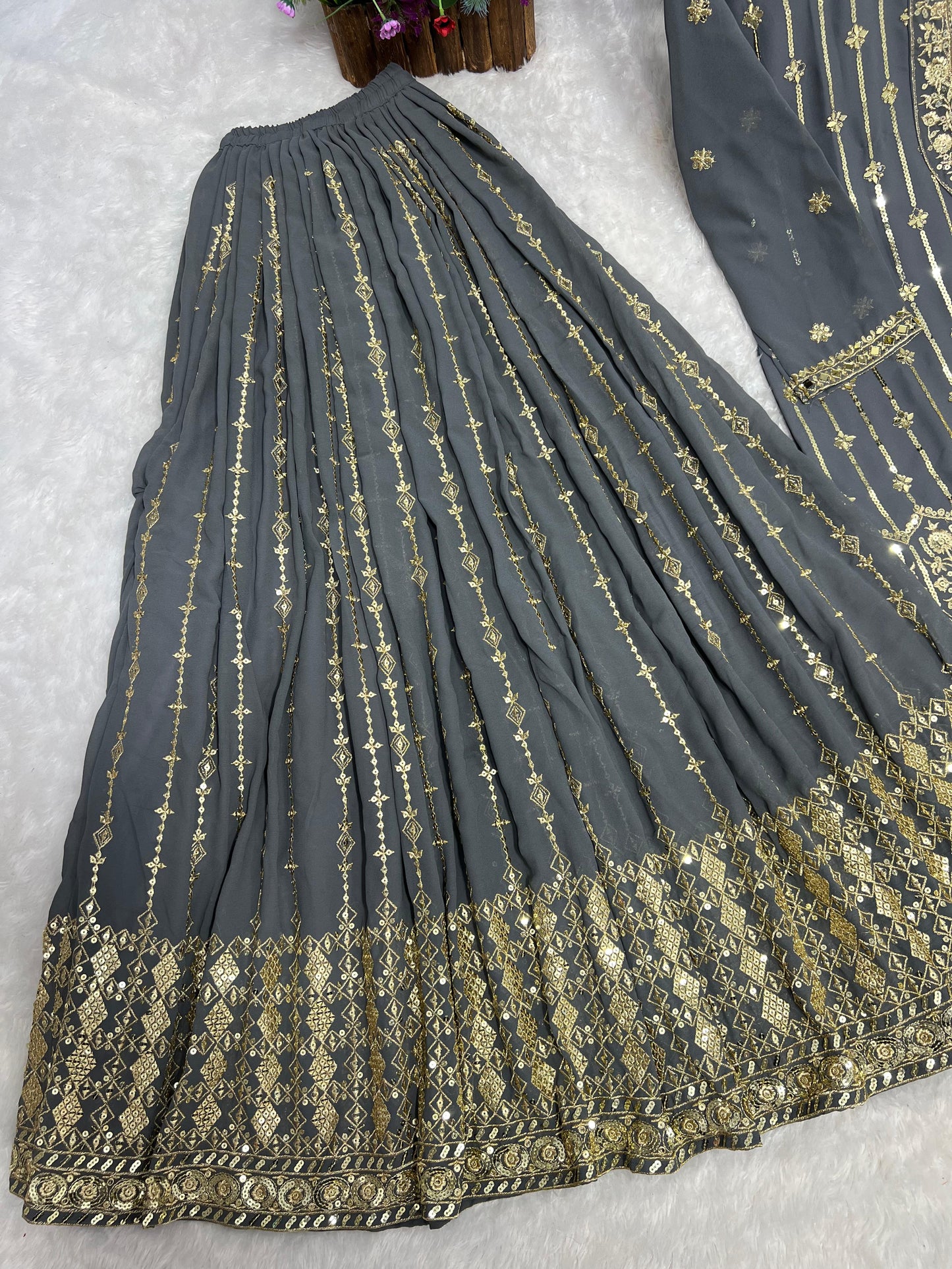Pattern Wedding & Party Wear Mirror Hand Work Gray Color Salwar Suit With Contrast Dupatta