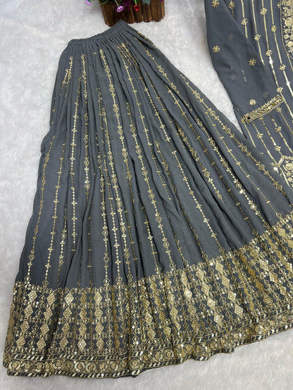 Pattern Wedding & Party Wear Mirror Hand Work Gray Color Salwar Suit With Contrast Dupatta