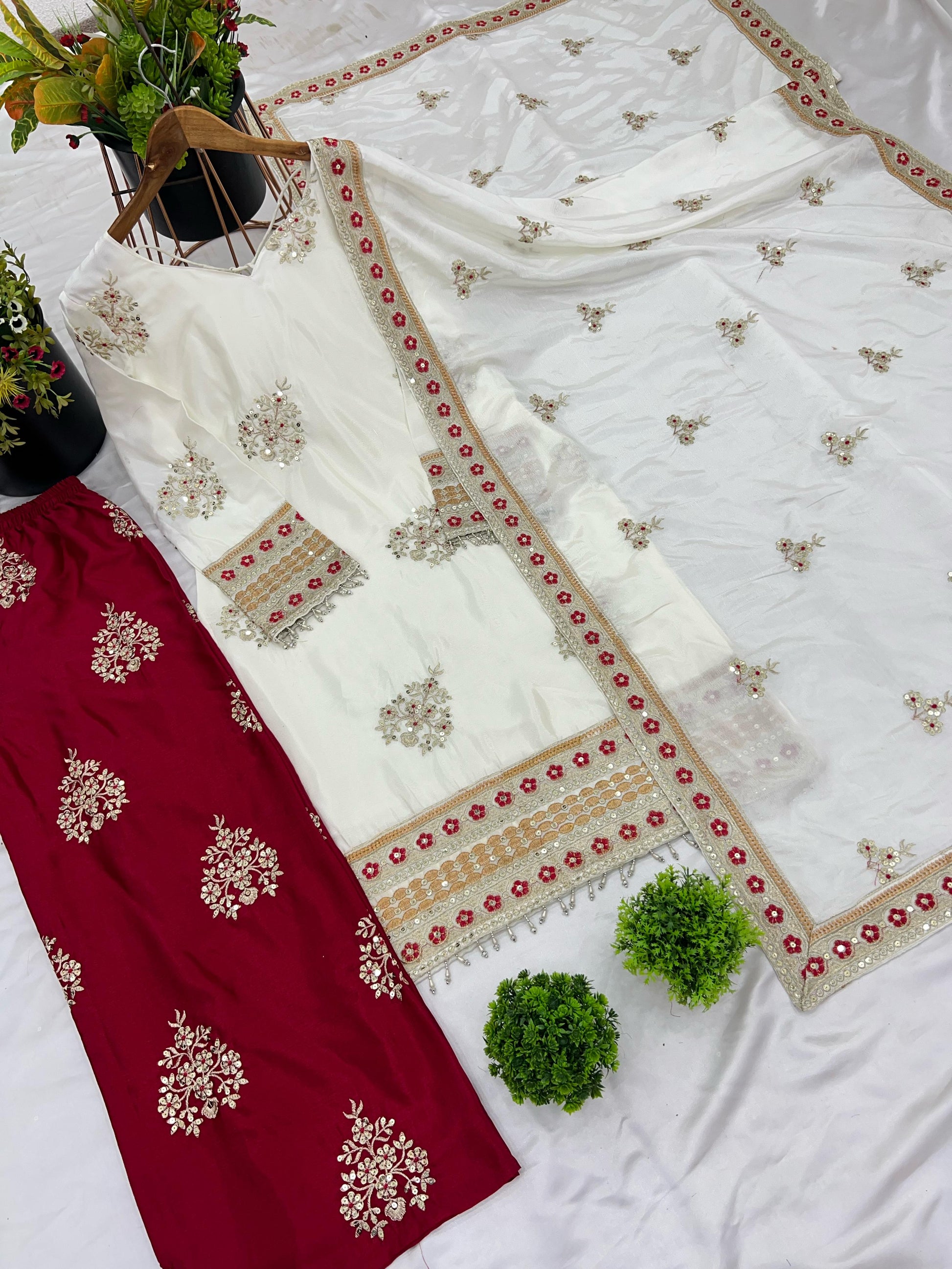 Flattering White & Red Color Chinnon Silk Palazzo Suit