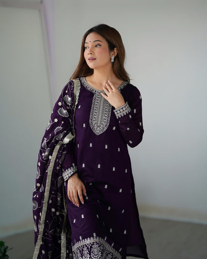 Attractive Wine Color Color Rangoli Silk Fabric Kurta With Dupatta Set