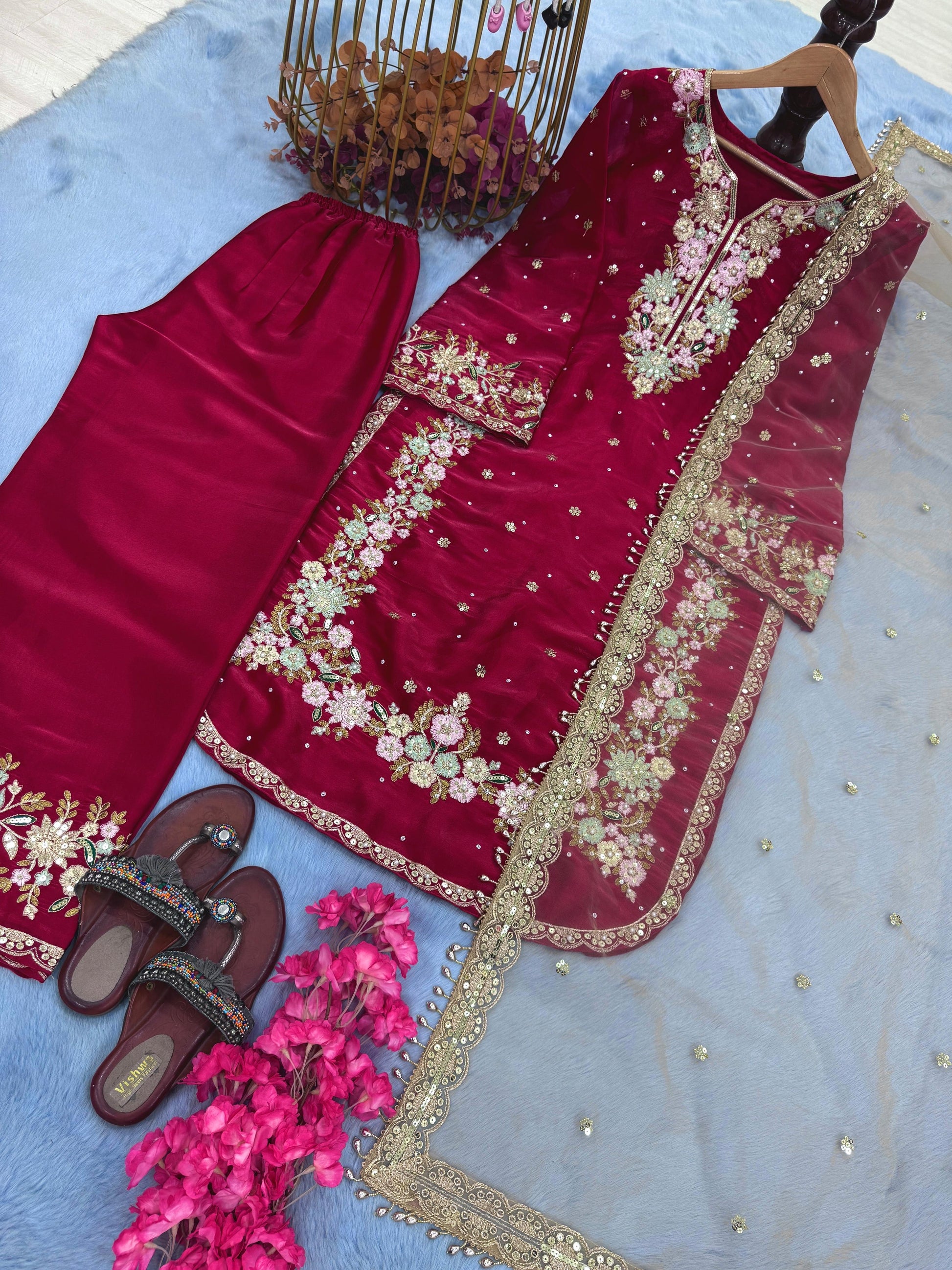 Elegant Jimmy Choo Sequence Work Red Color Palazzo Suit