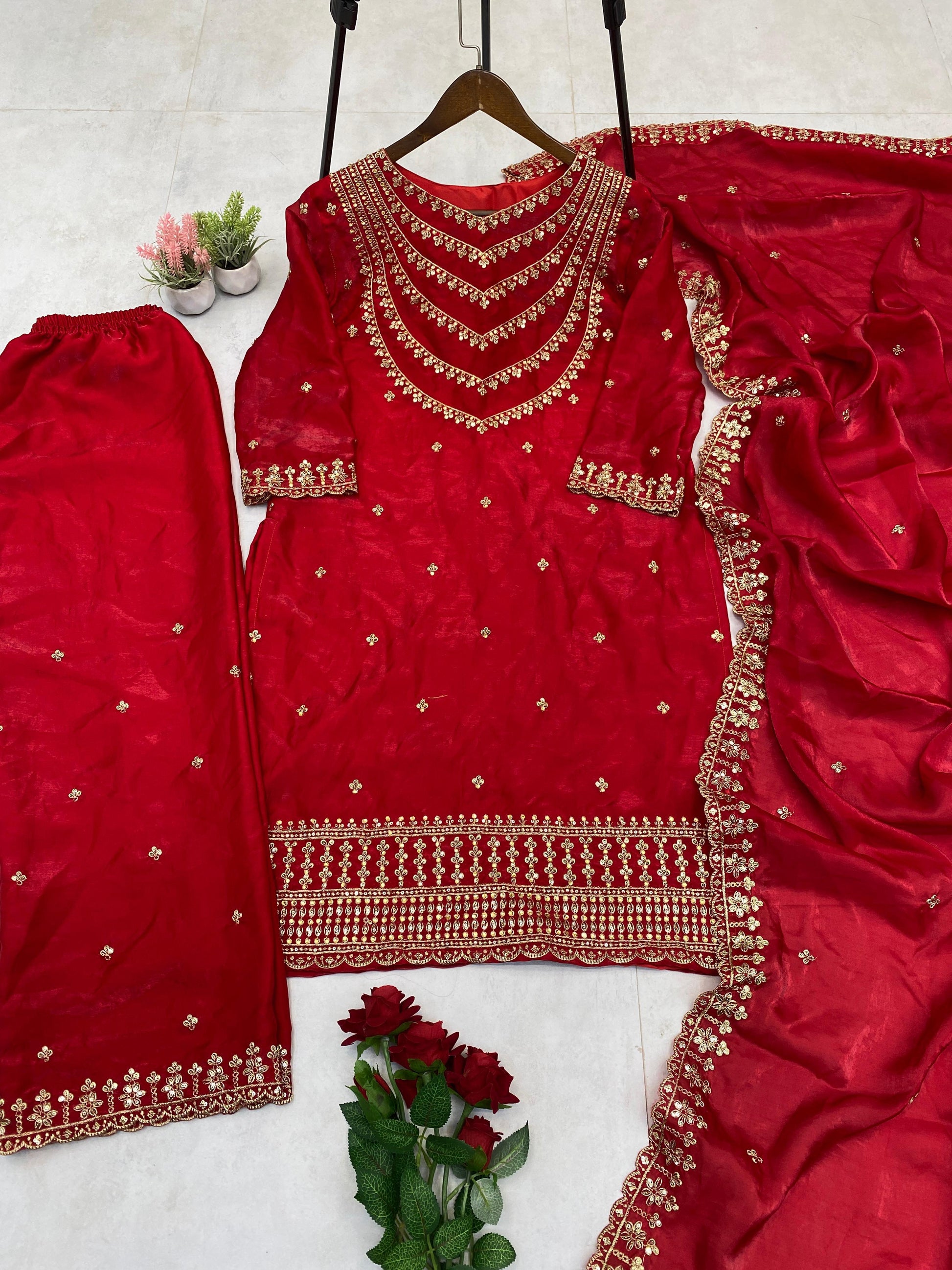 Good Looking Embroidery Work Red Color Palazzo Suit