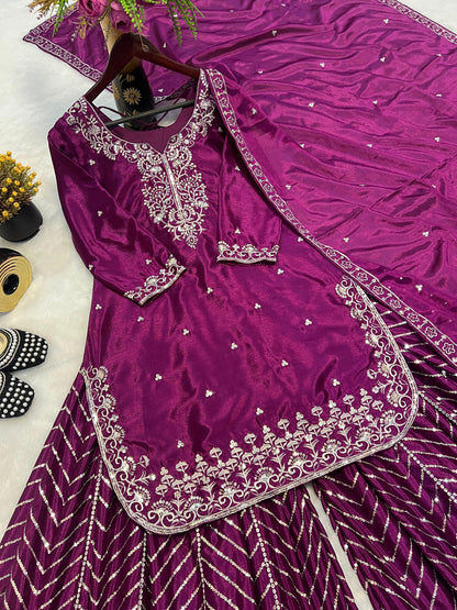 Designer Embroidery Work Wine Color Sharara Suit