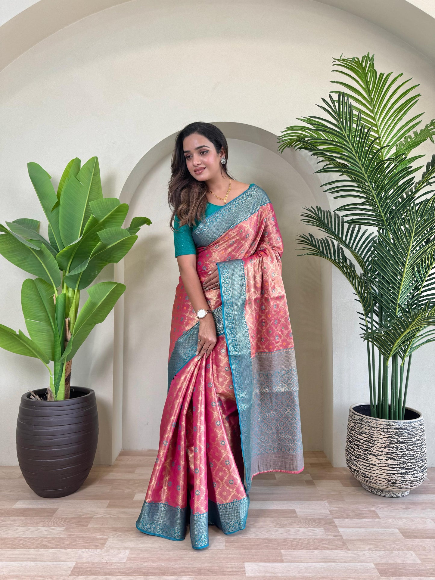 Designer Silk Zari Weaving Pink Color Saree