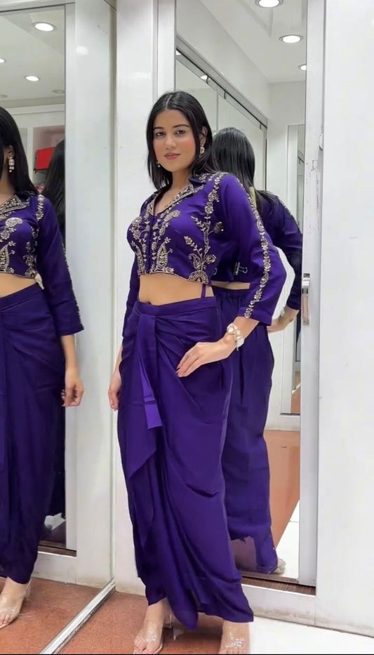 Attractive Purple Chinon Silk Embroidery Dhoti Suit