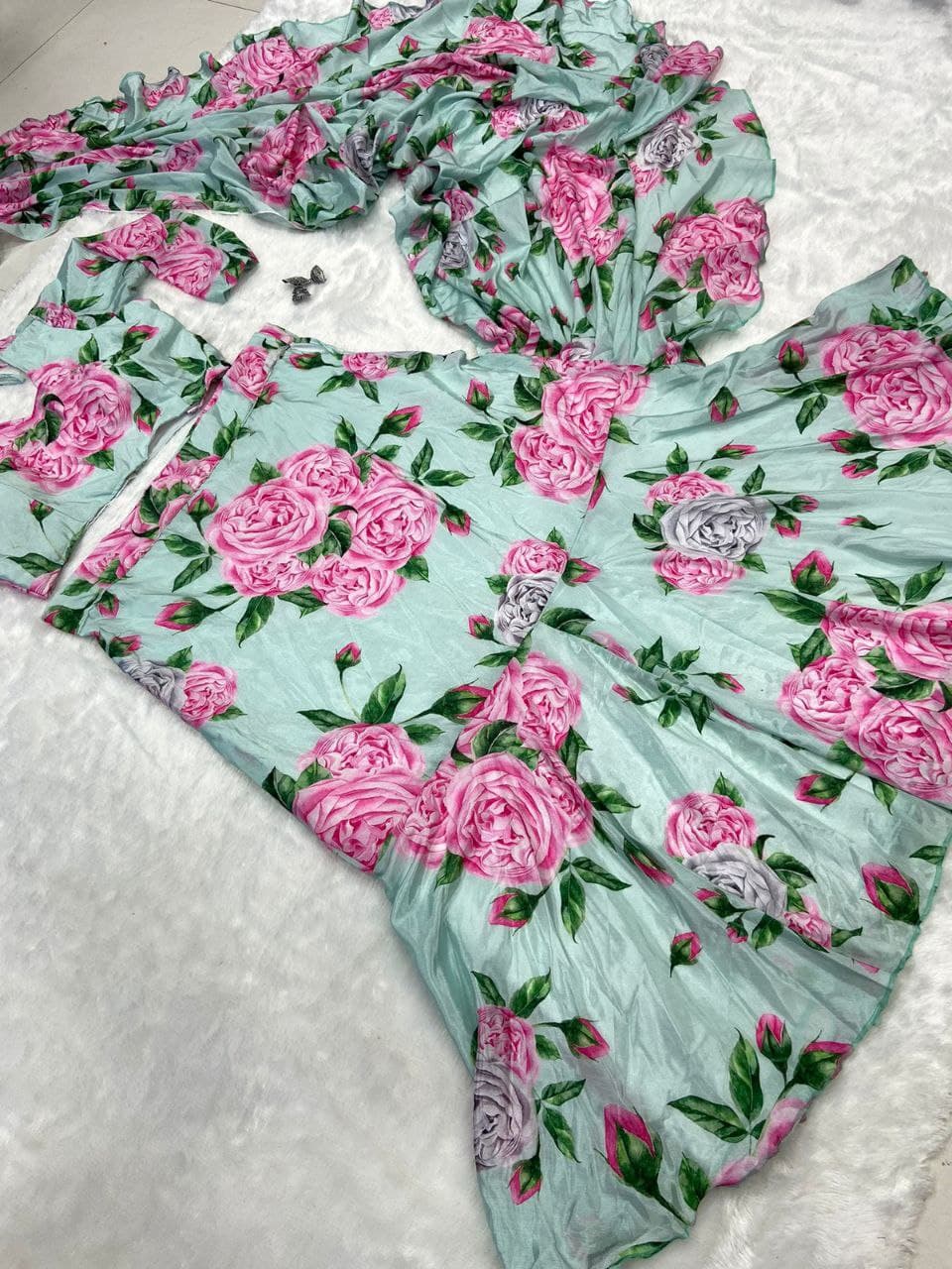 Party Wear Flower Print Multi Color Lehenga Saree