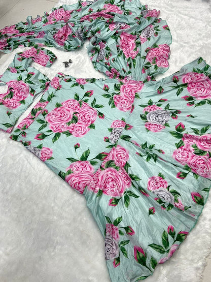 Party Wear Flower Print Multi Color Lehenga Saree