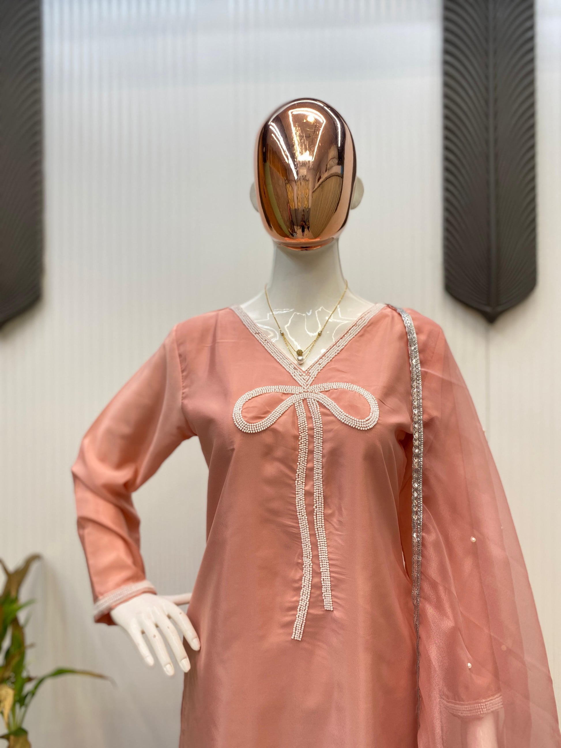 Marvelous Beads Work Peach Color Salwar Suit