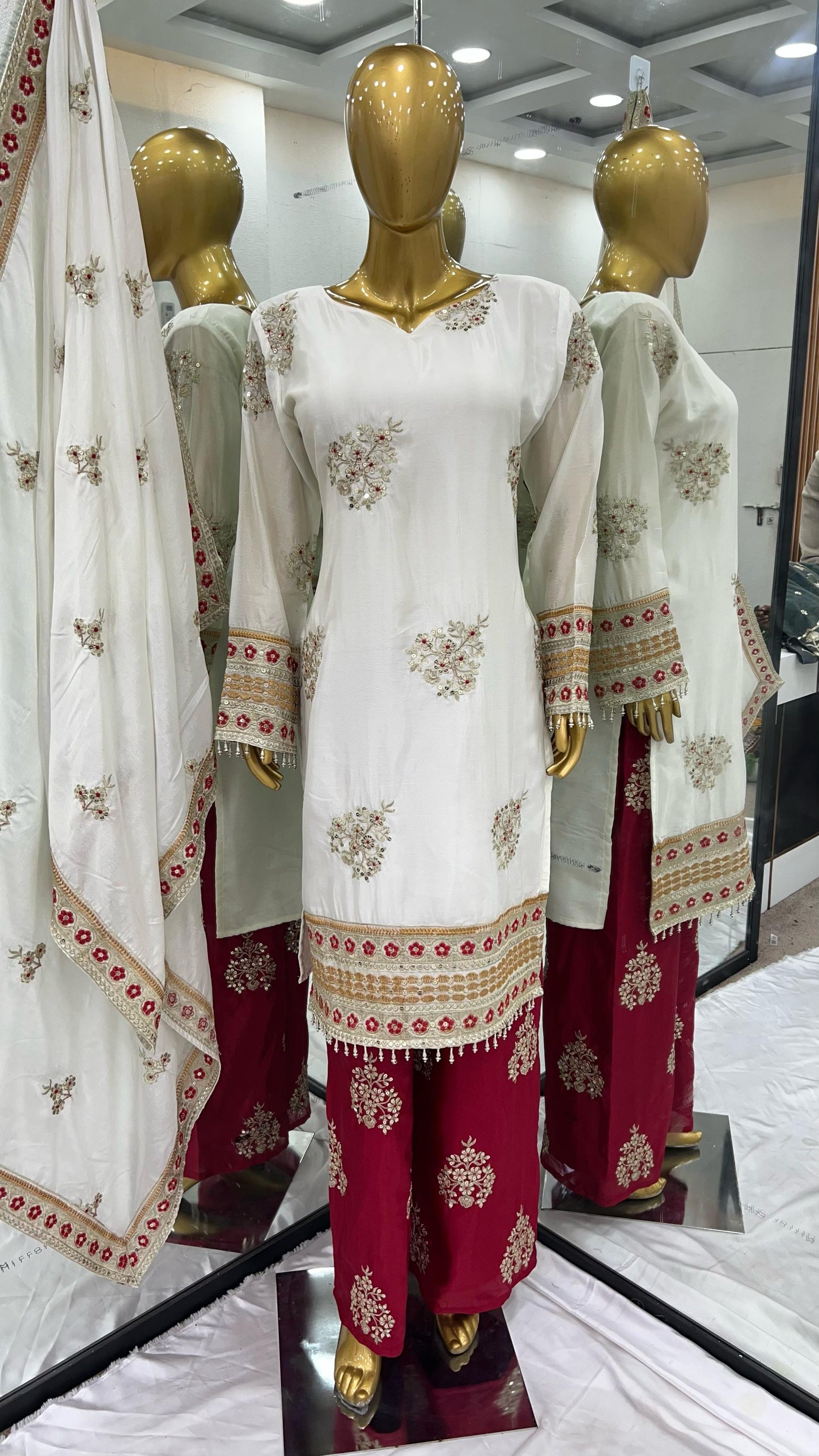Flattering White & Red Color Chinnon Silk Palazzo Suit
