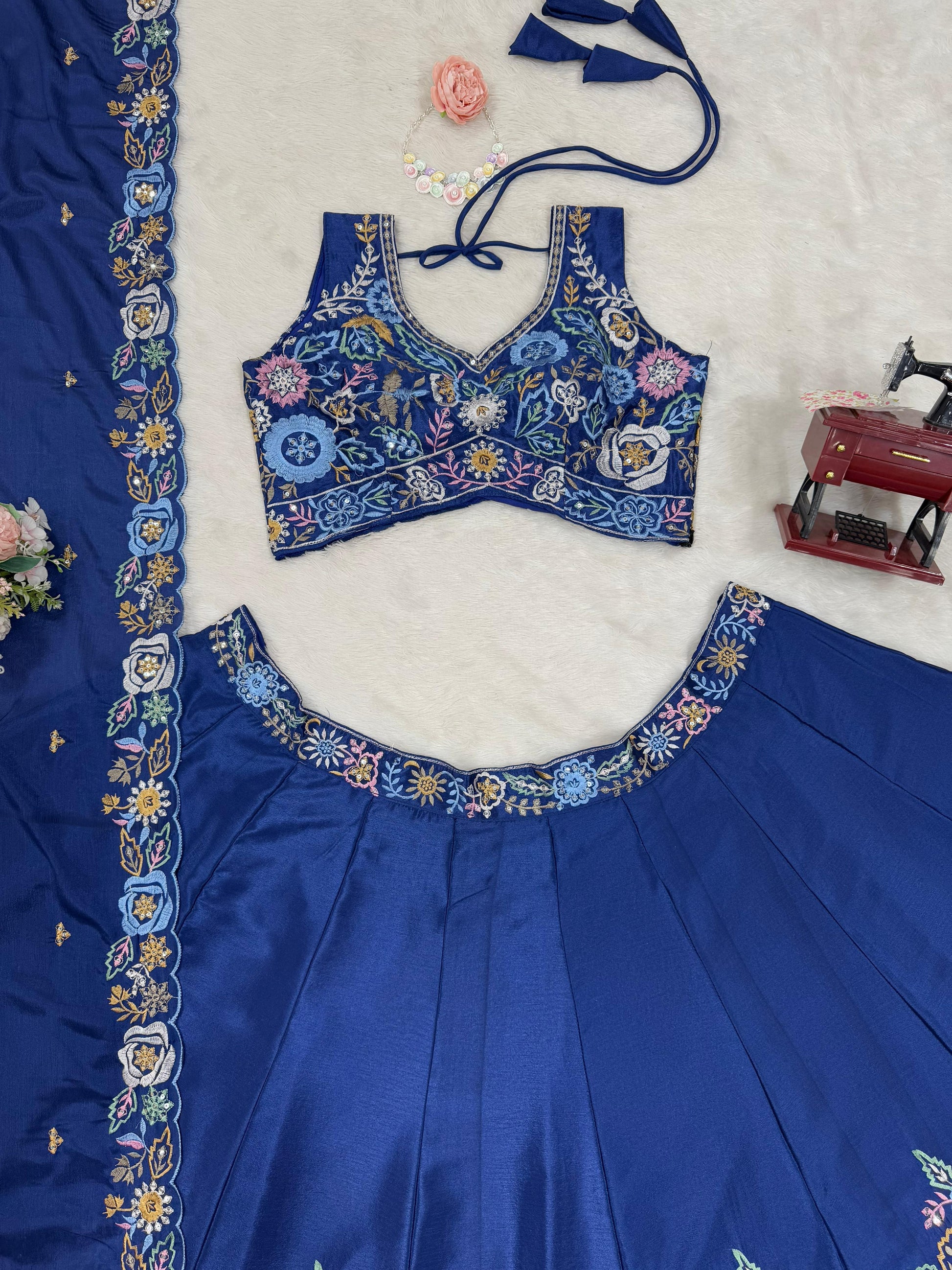 Chinon Silk Sequnce Work Blue Color Lehenga Choli