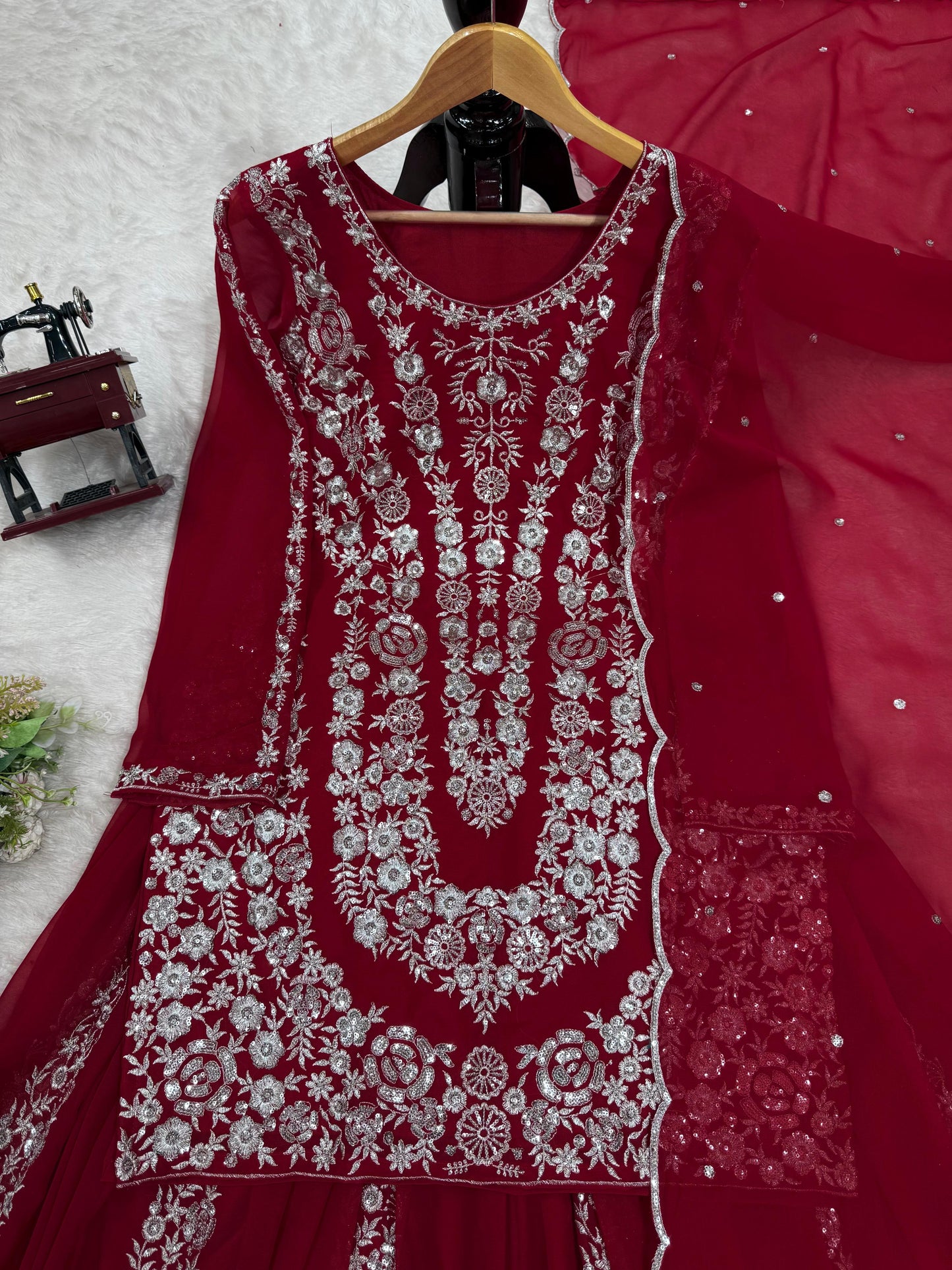 Awesome Gorgette Red Color Sharara Suit