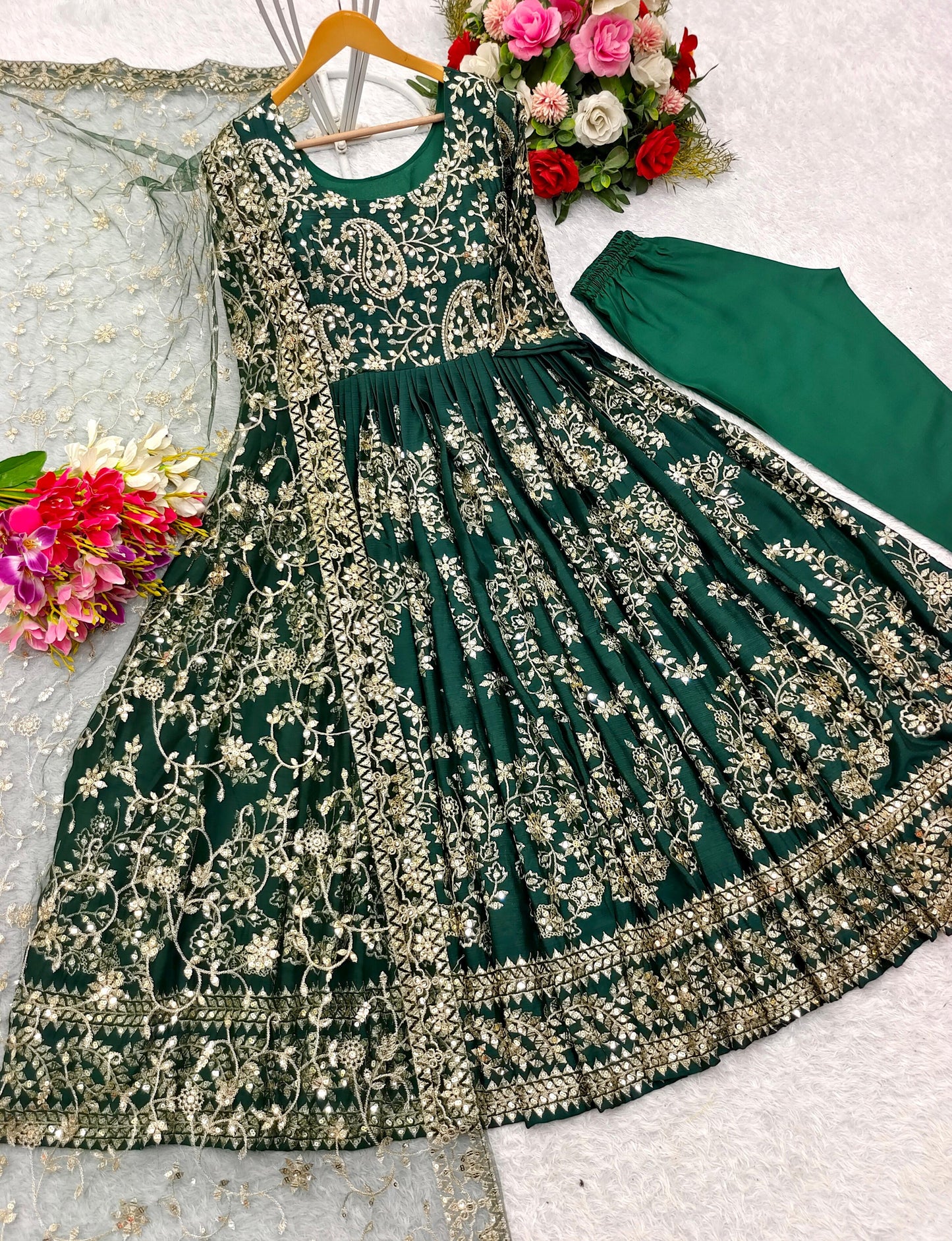 Heavy Sequence Work Green Color Long Gown