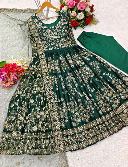 Heavy Sequence Work Green Color Long Gown