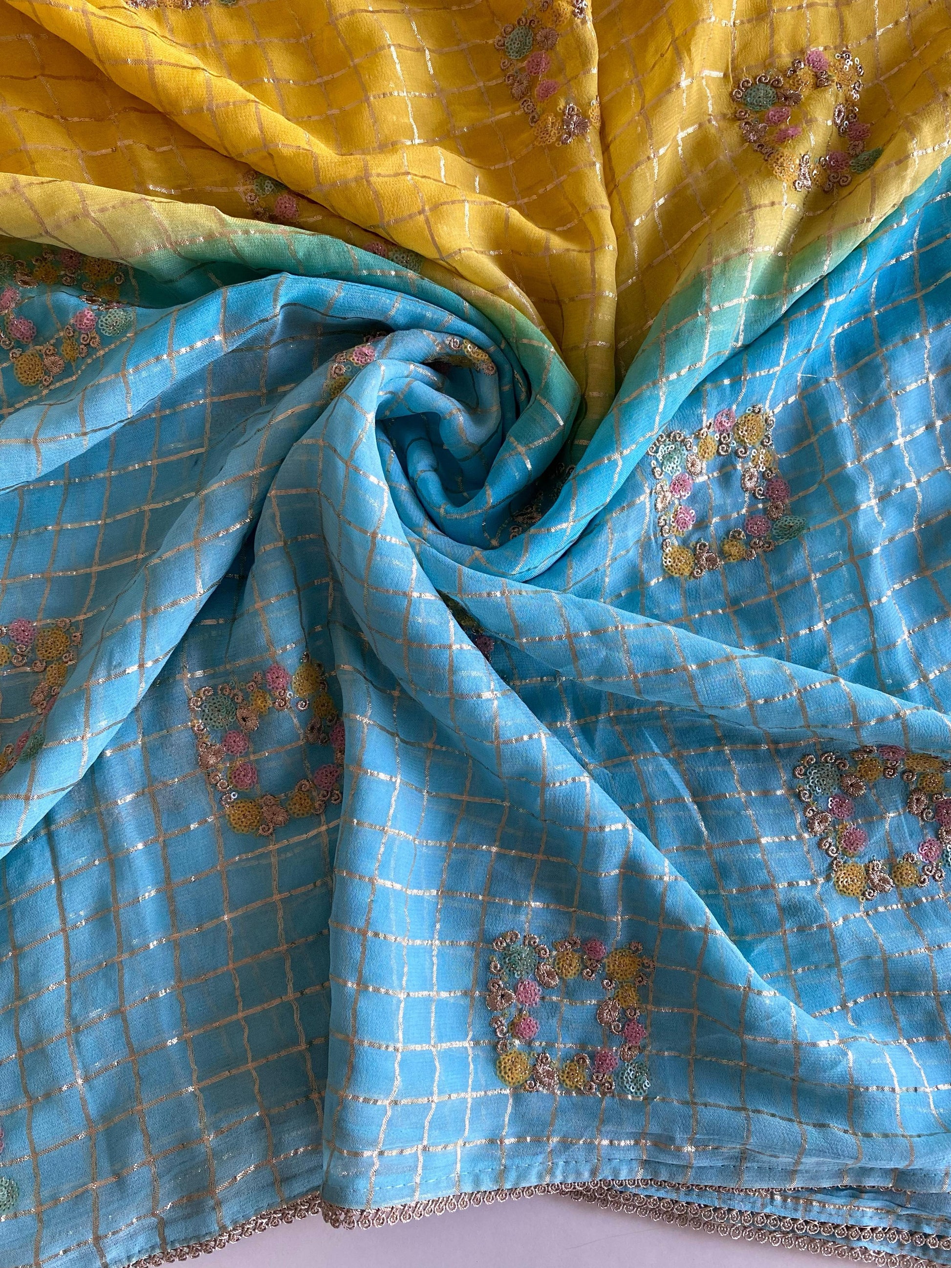 Glimmering Viscose Chiffon Sky Blue & Yellow Color Saree
