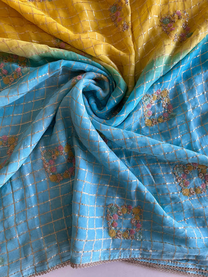 Glimmering Viscose Chiffon Sky Blue & Yellow Color Saree
