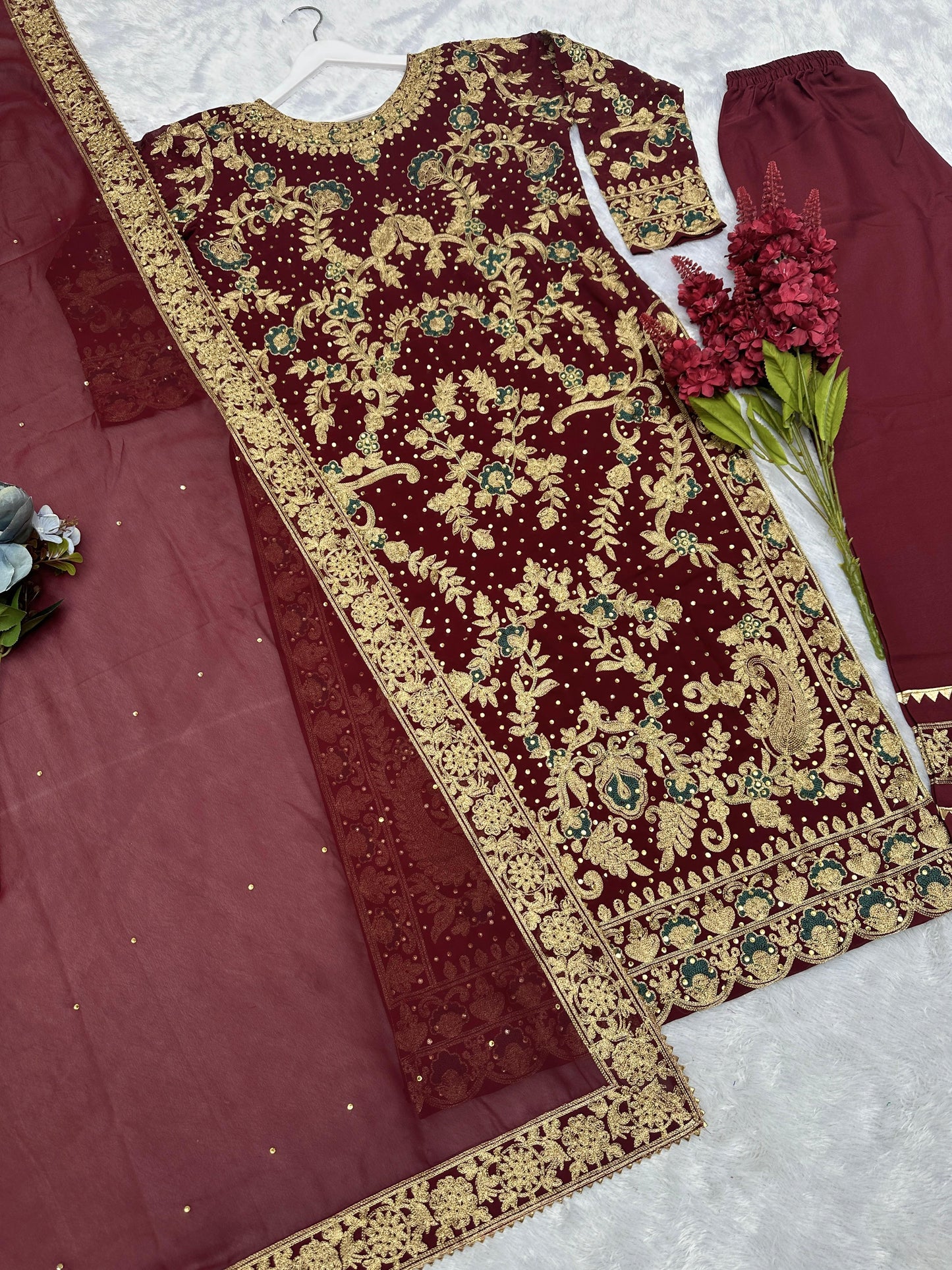 Graceful Chinnon Silk Maroon Color Palazzo Suit