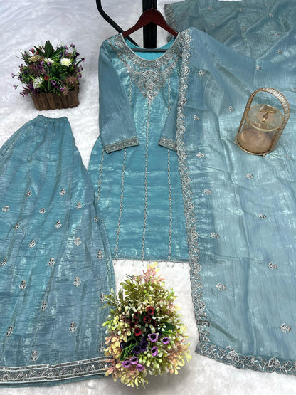 Designer Crush Silk Teal Blue Color Palazzo Suit