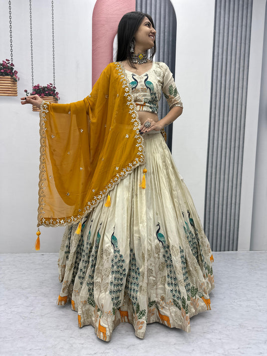 Pattern Wedding & Party Wear White Color With Yellow Dupatta Lehenga Choli