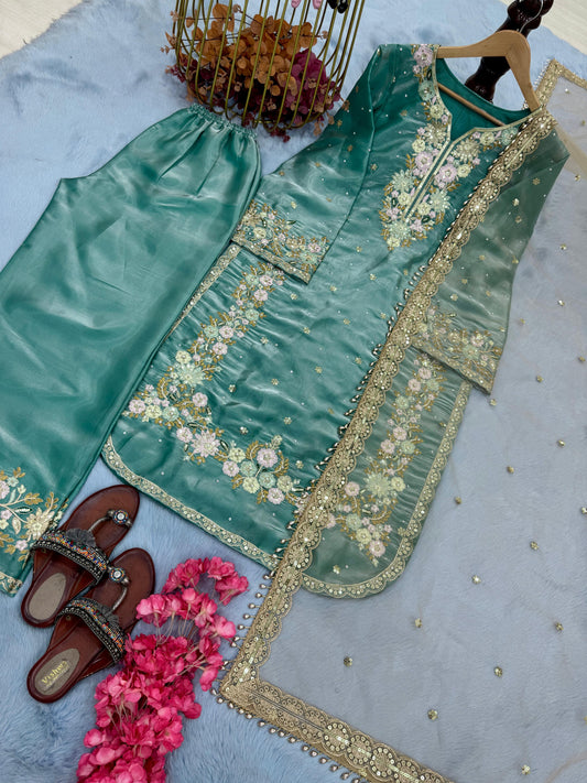 Elegant Jimmy Choo Sequence Work Teal Blue Color Palazzo Suit